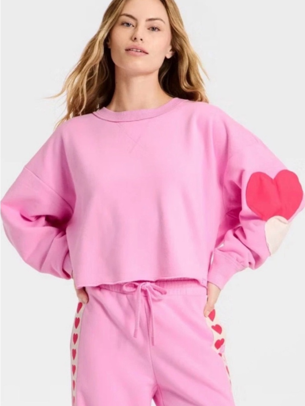 Lab Joy Pink Heart Appliqué Cropped Sweatshirt - Women's Top